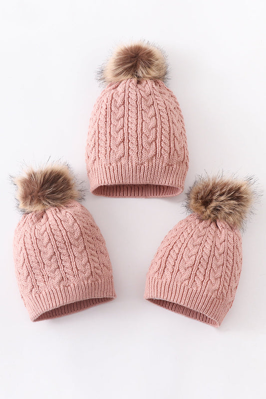 Dust rose cable knit pom pom beanie hat baby toddler adult