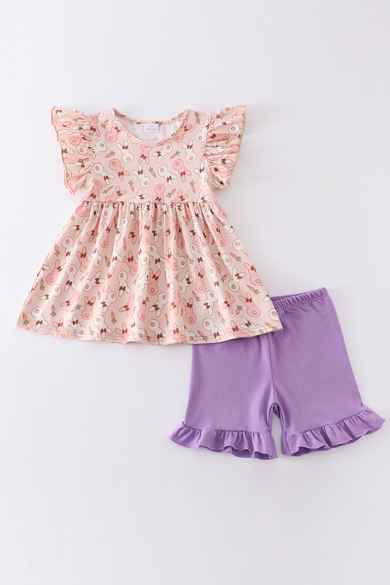 Pink easter bunny print ruffle girl set