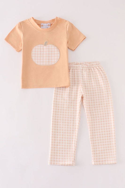 Orange pumpkin applique plaid boy set