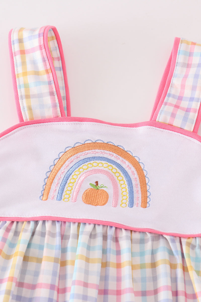 Rainbow pumpkin embroidery plaid girl set