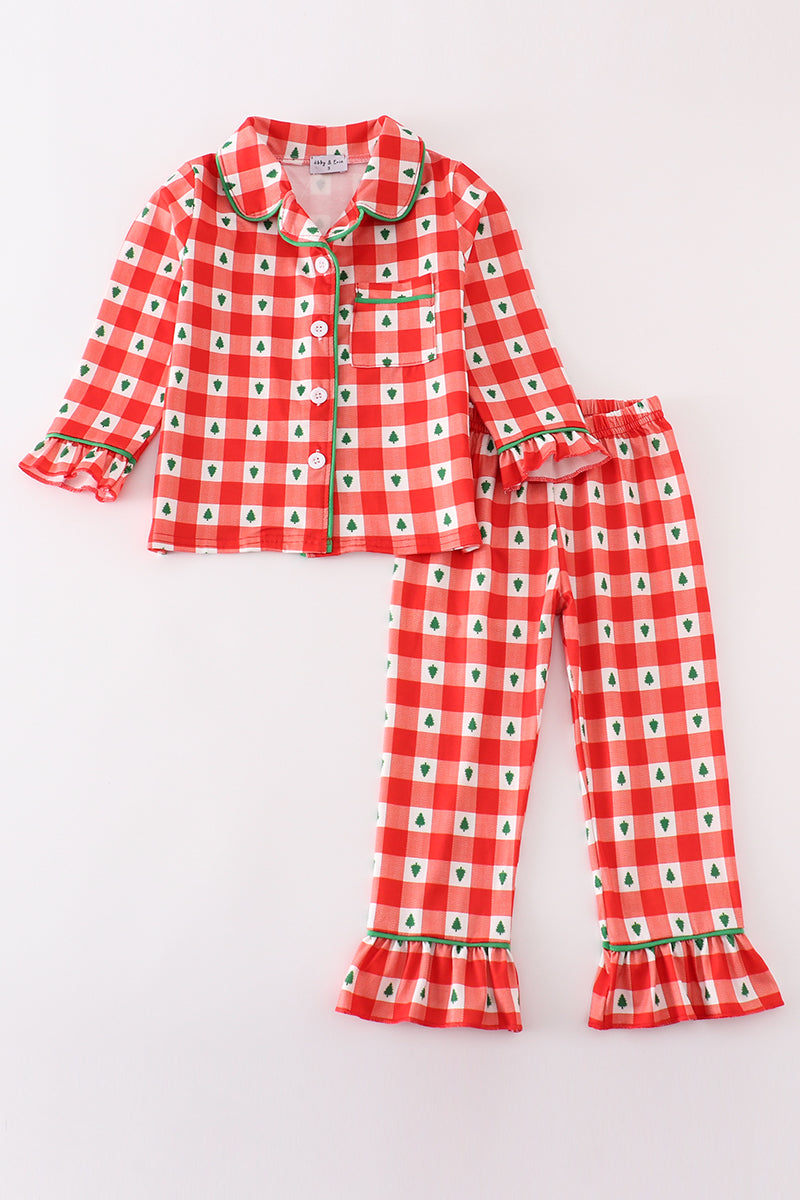 Red christmas tree gingham girl pajamas set