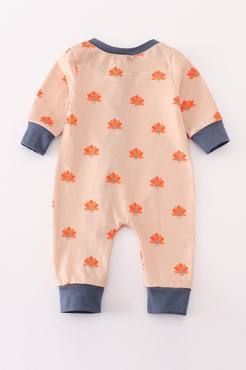 Khaki turkey print zip boy romper