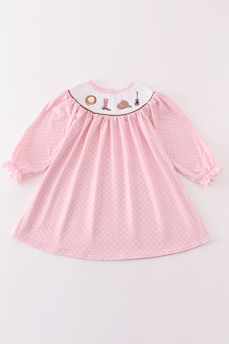 Pink dot smocked western embroidery girl dress