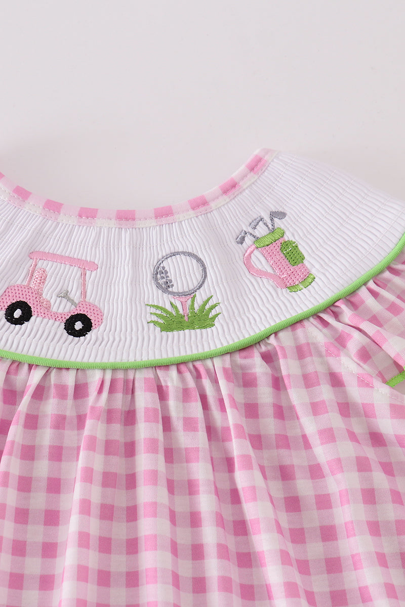 Pink golf embroidery gingham girl dress