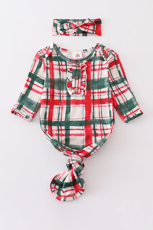 Green plaid hairband baby gown