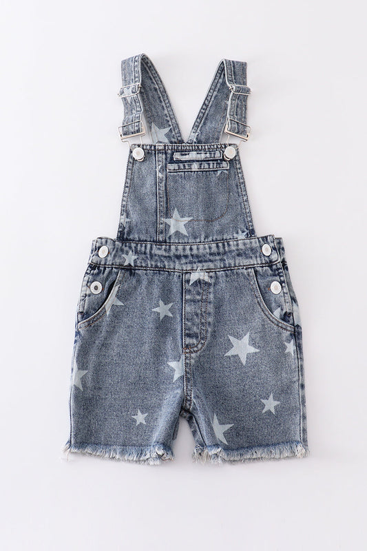 Medium wash blue star print strap denim overall