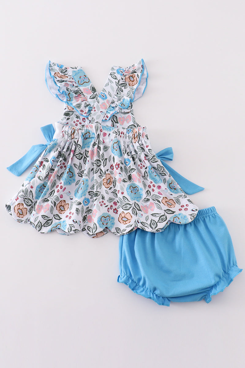 Premium blue floral I love mom embroidery bloomer set