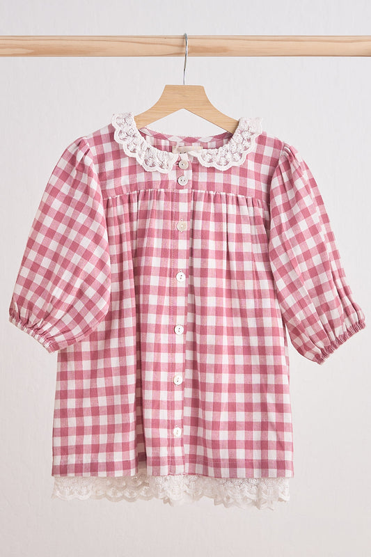 Pink gingham flannel lace  dress