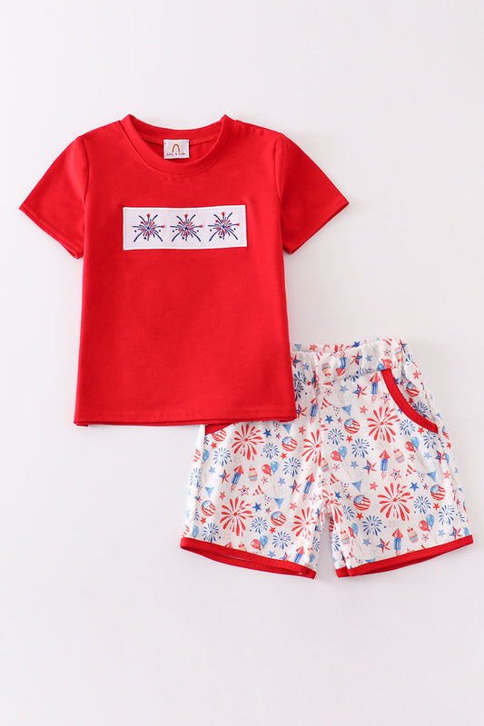 Red firework patriotic embroidery print boy set