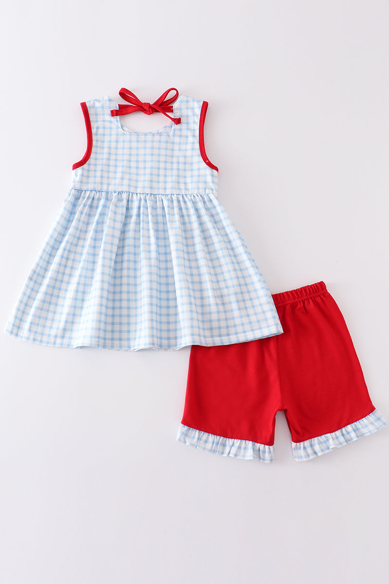 Patriotic flag embroidery plaid girl set