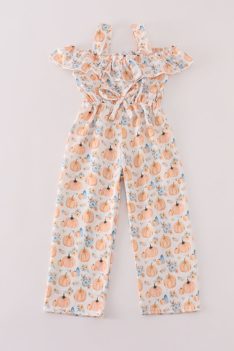 Orange pumpkin print girl jumpsuit