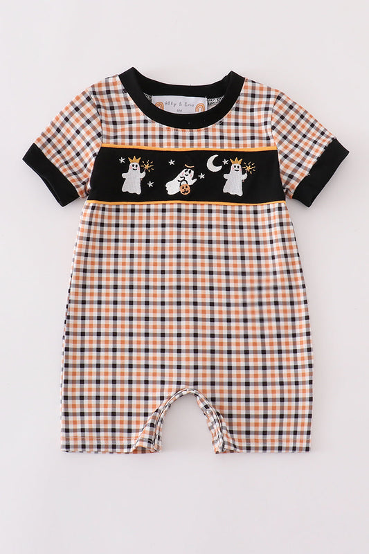 Halloween ghost embroidery plaid boy romper