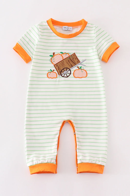 Orange wheelbarrow pumpkin applique boy romper