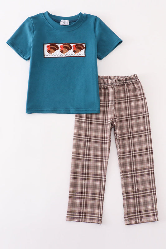 Brown plaid turkey french knot boy set