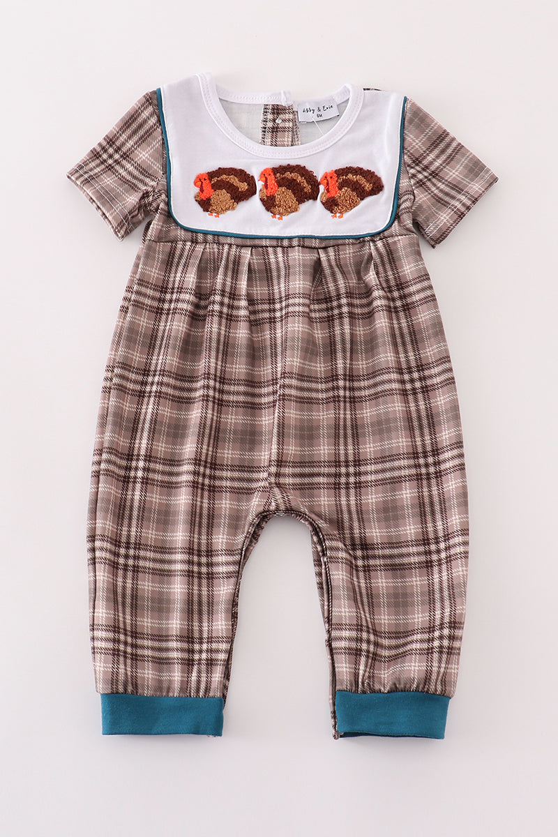 Brown plaid turkey french knot boy romper