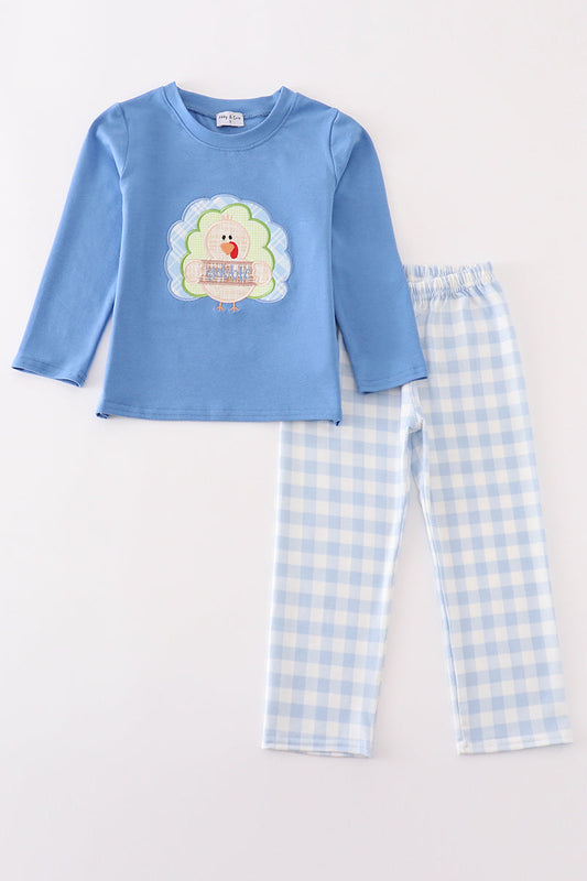 Blue turkey applique boy set