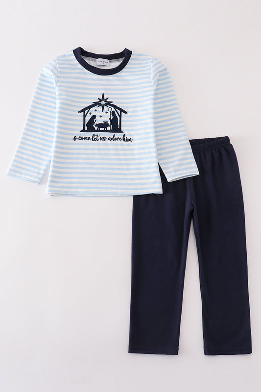 Navy nativity embroidery gingham boy set