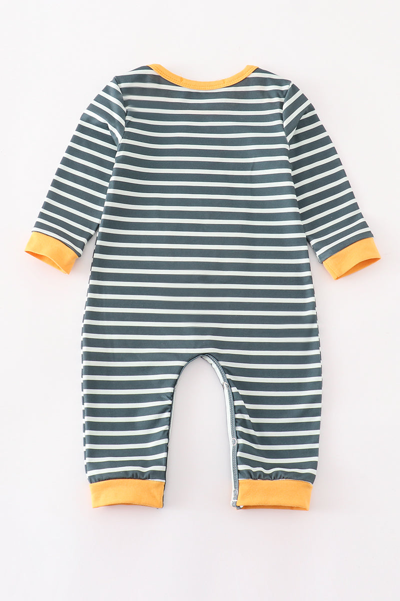 Green stripe cow pumpkin applique boy romper