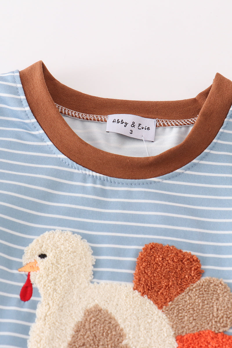 Blue stripe thanksgiving turkey french knot boy set