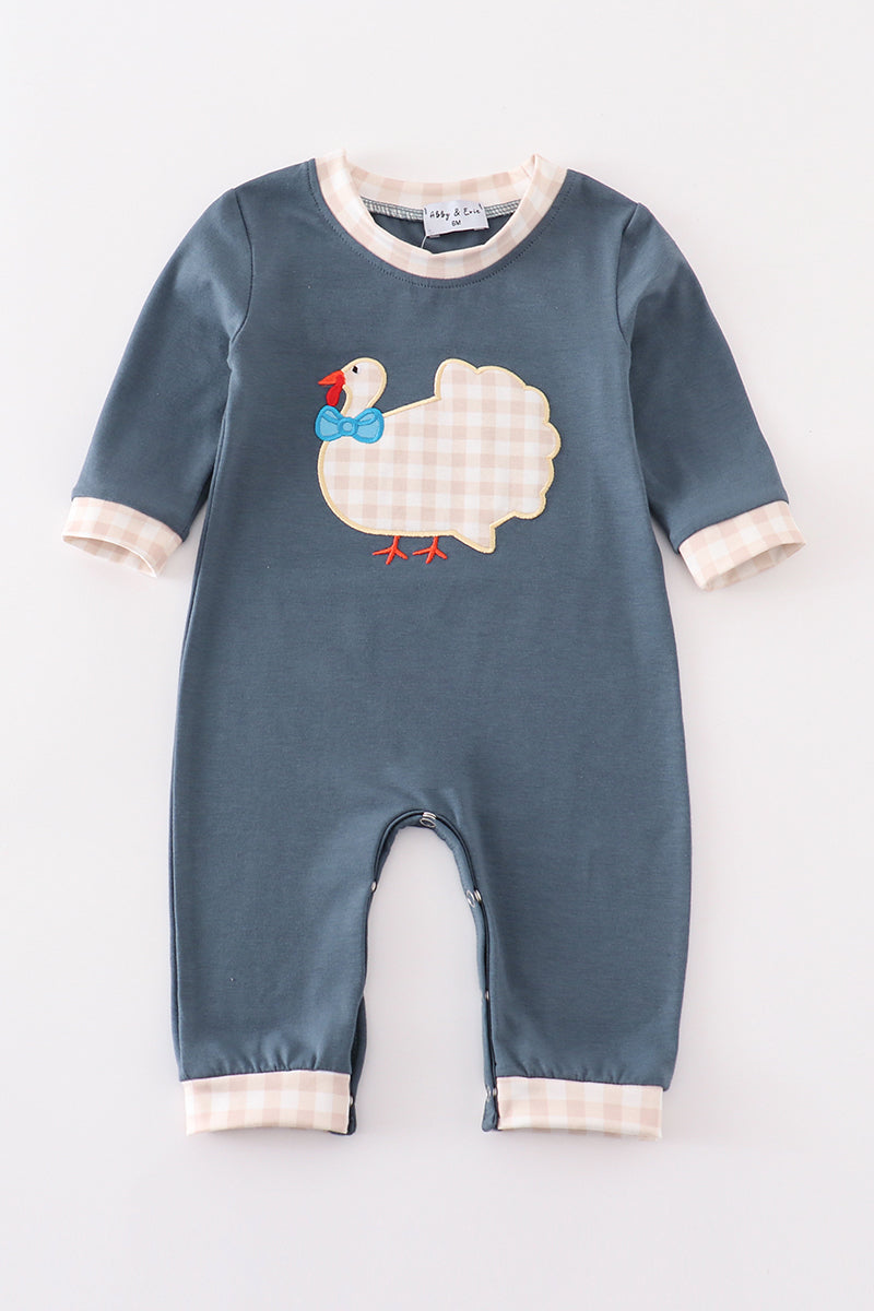 Blue thanksgiving turkey applique boy romper