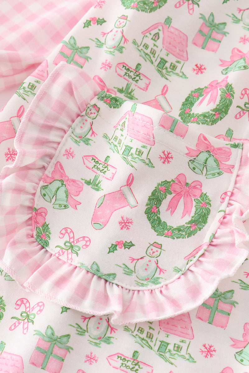 Pink watercolor christmas print girl dress