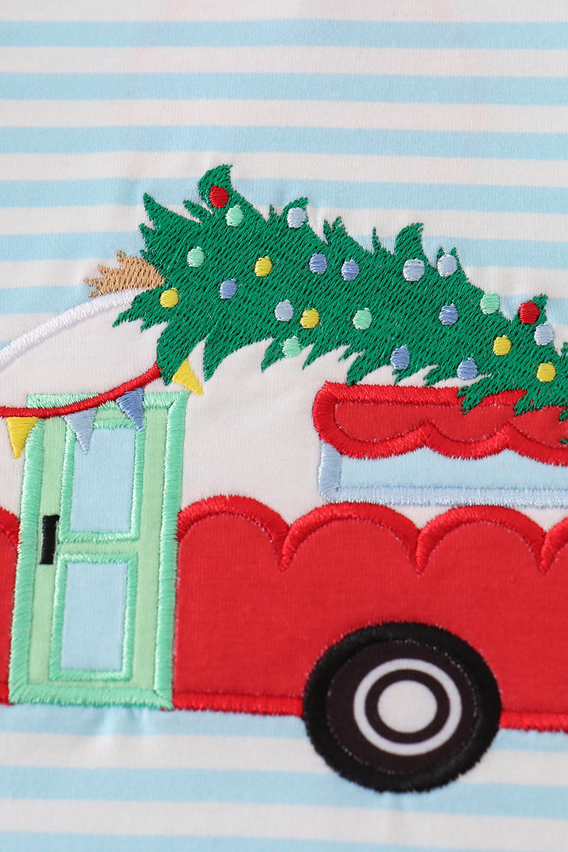 Blue christmas camper van applique boy romper