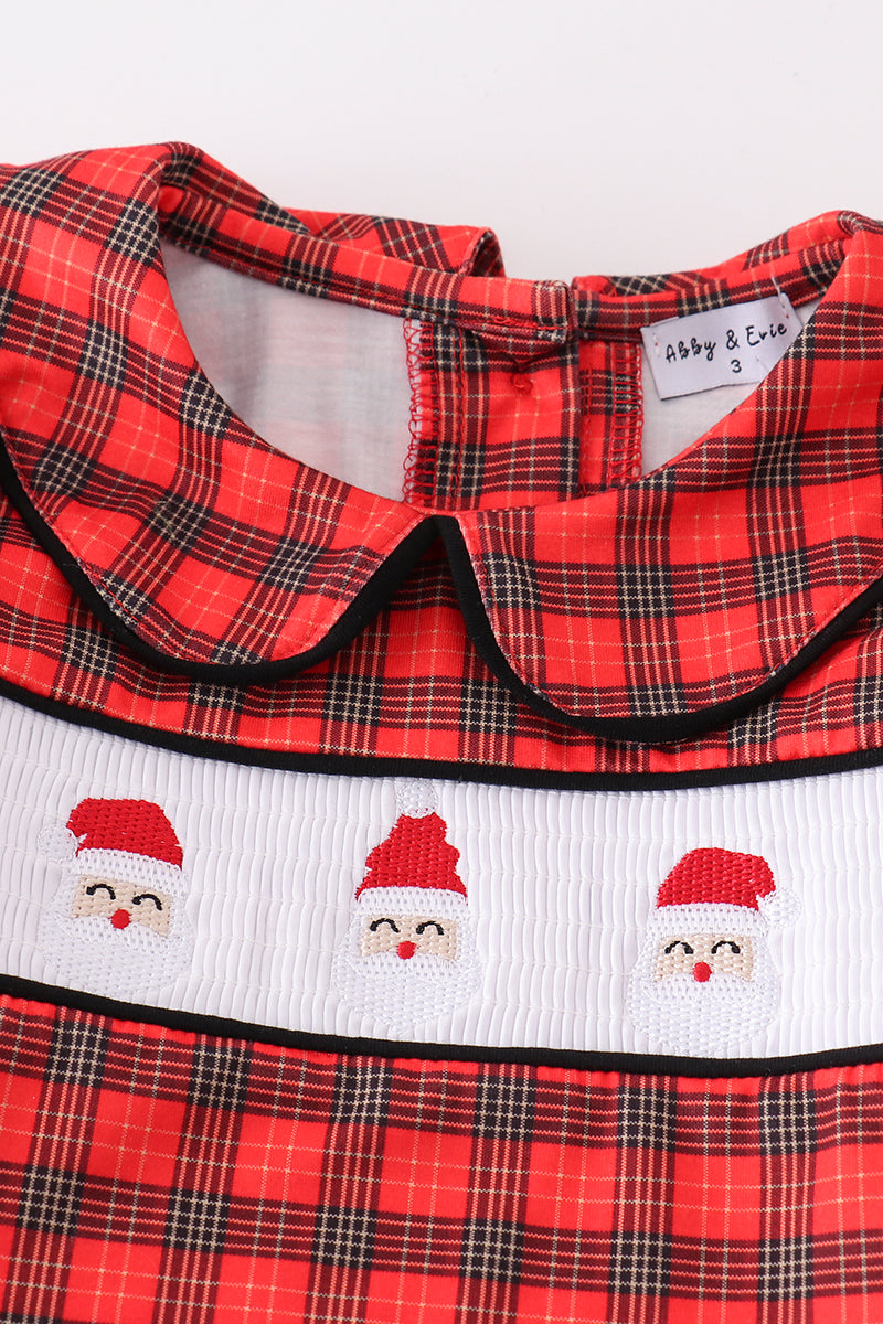 Red christmas santa embroidery smocked plaid boy set