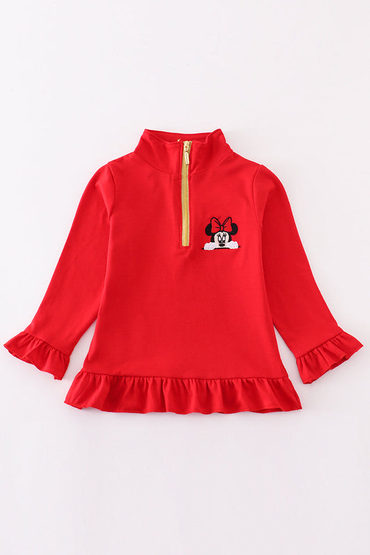 Red character embroidery girl zipper pullover