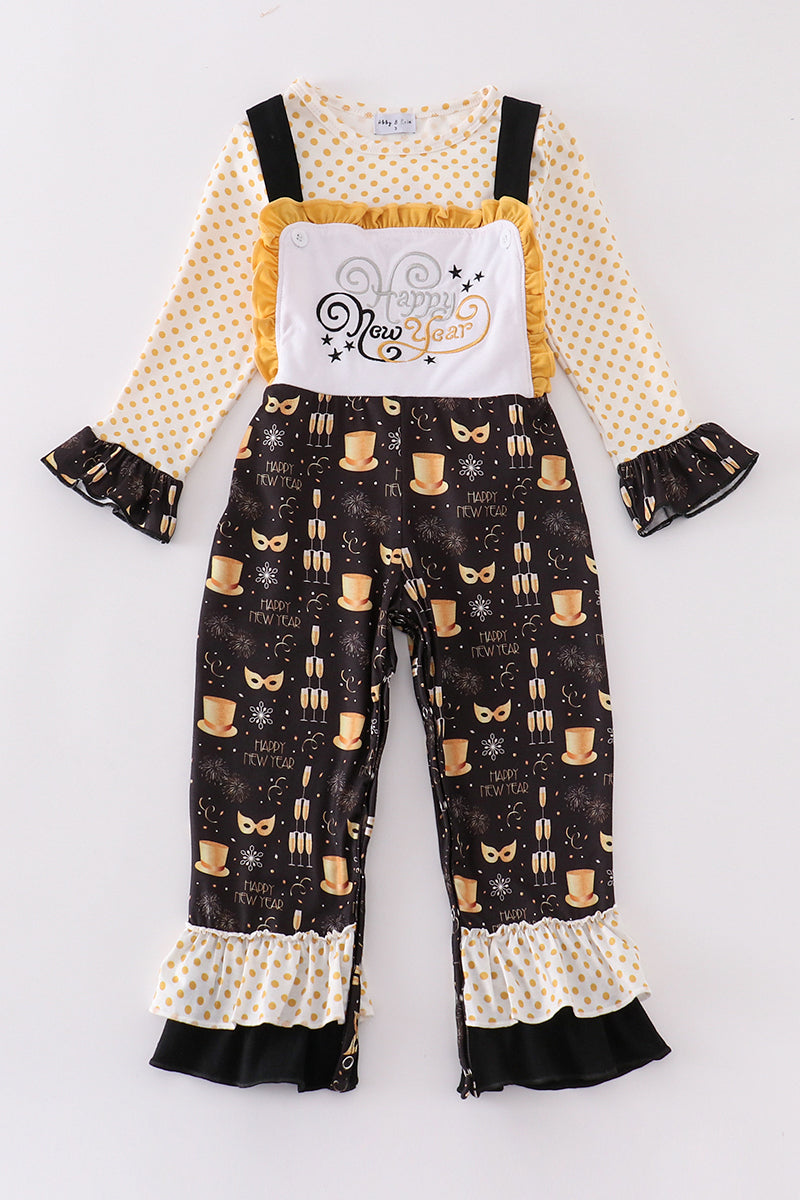 Mustard happy new year embroidery girl jumpsuit set