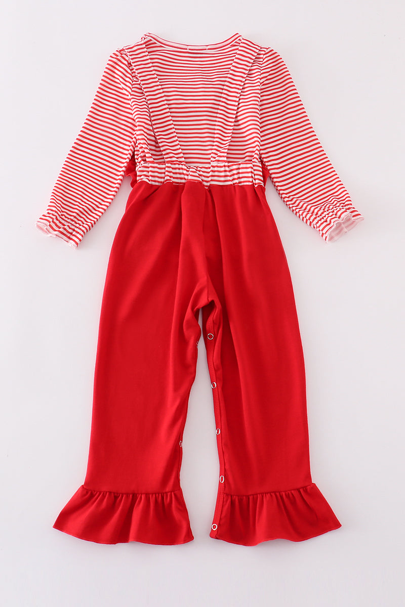 Red stripe valentine heart applique girl jumpsuit set