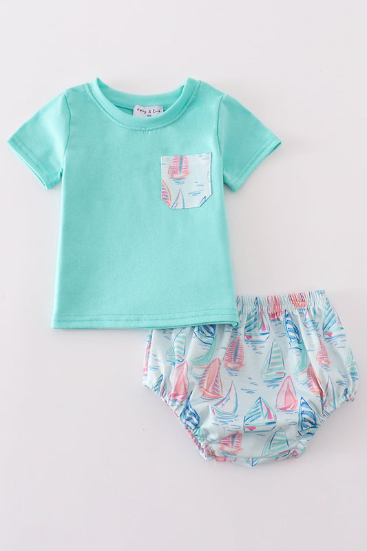 Green sailboat print boy bloomer set