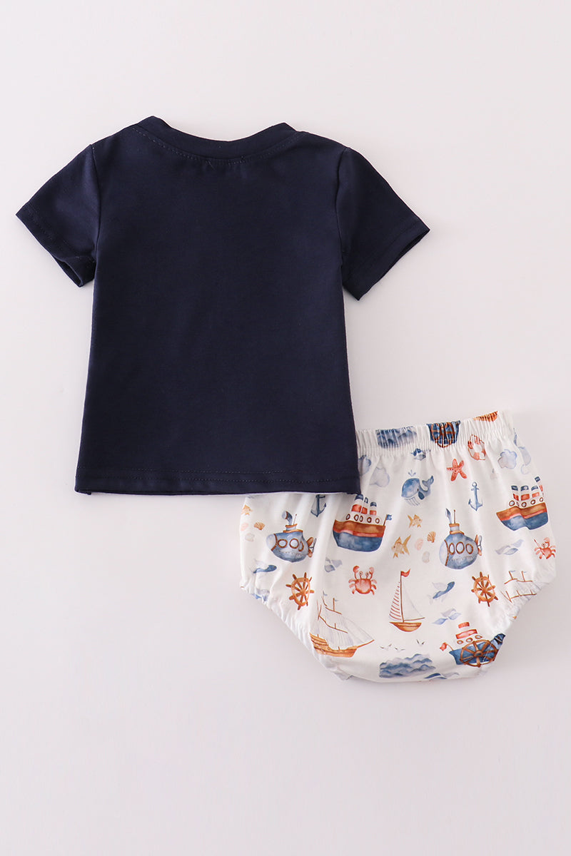 Navy beach print boy bloomer set