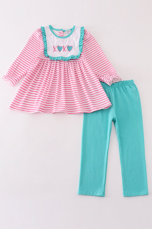 Pink heart embroidery girl set