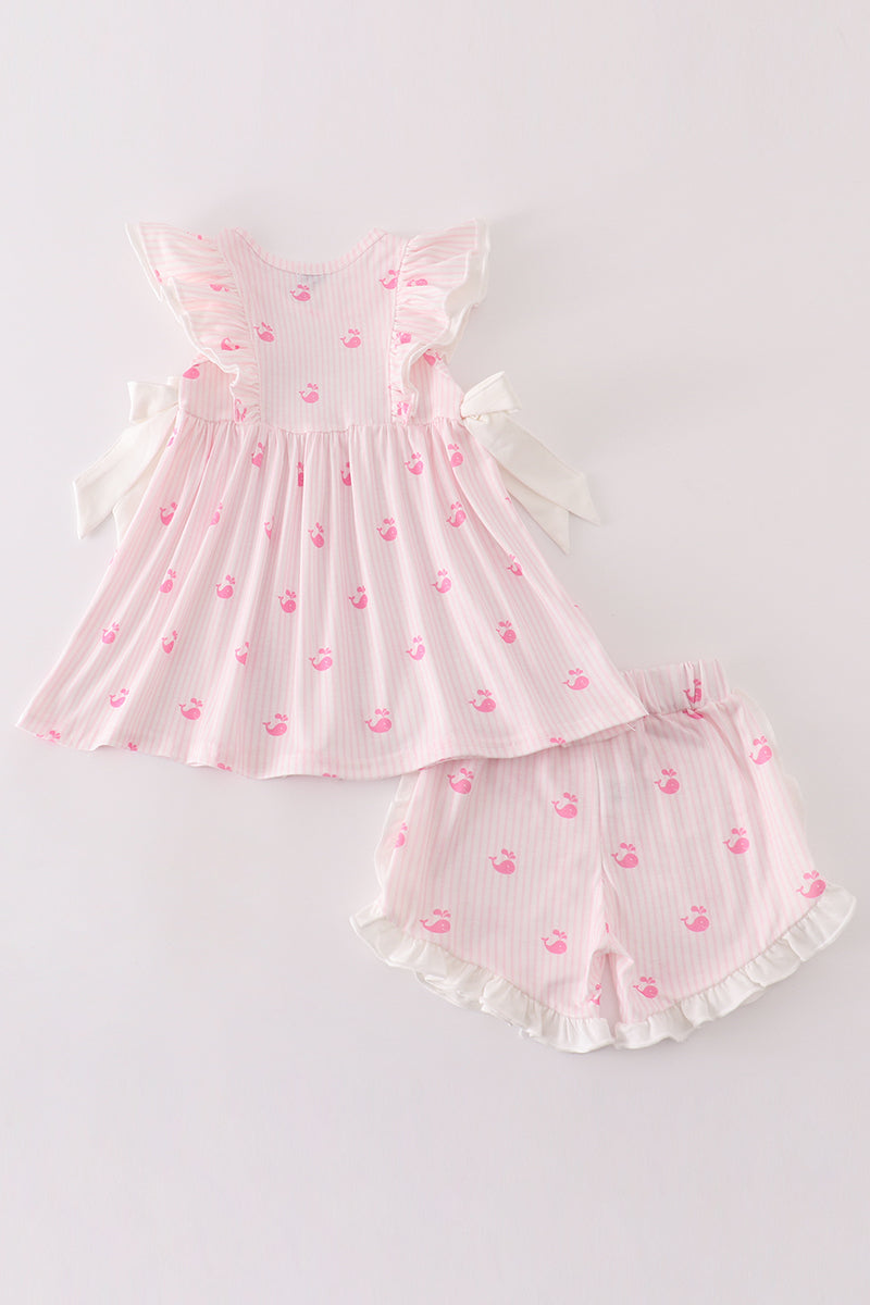 Pink stripe whale print girl set