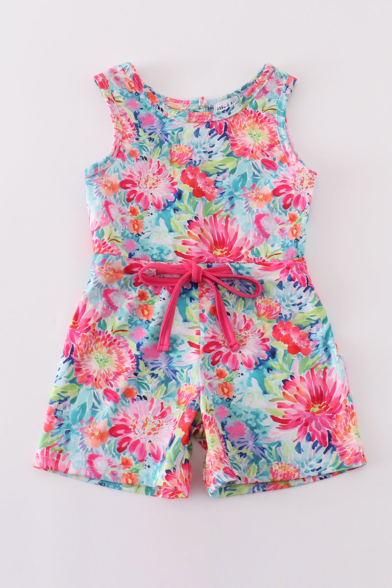 Magenta vibrant floral print girl jumpsuit