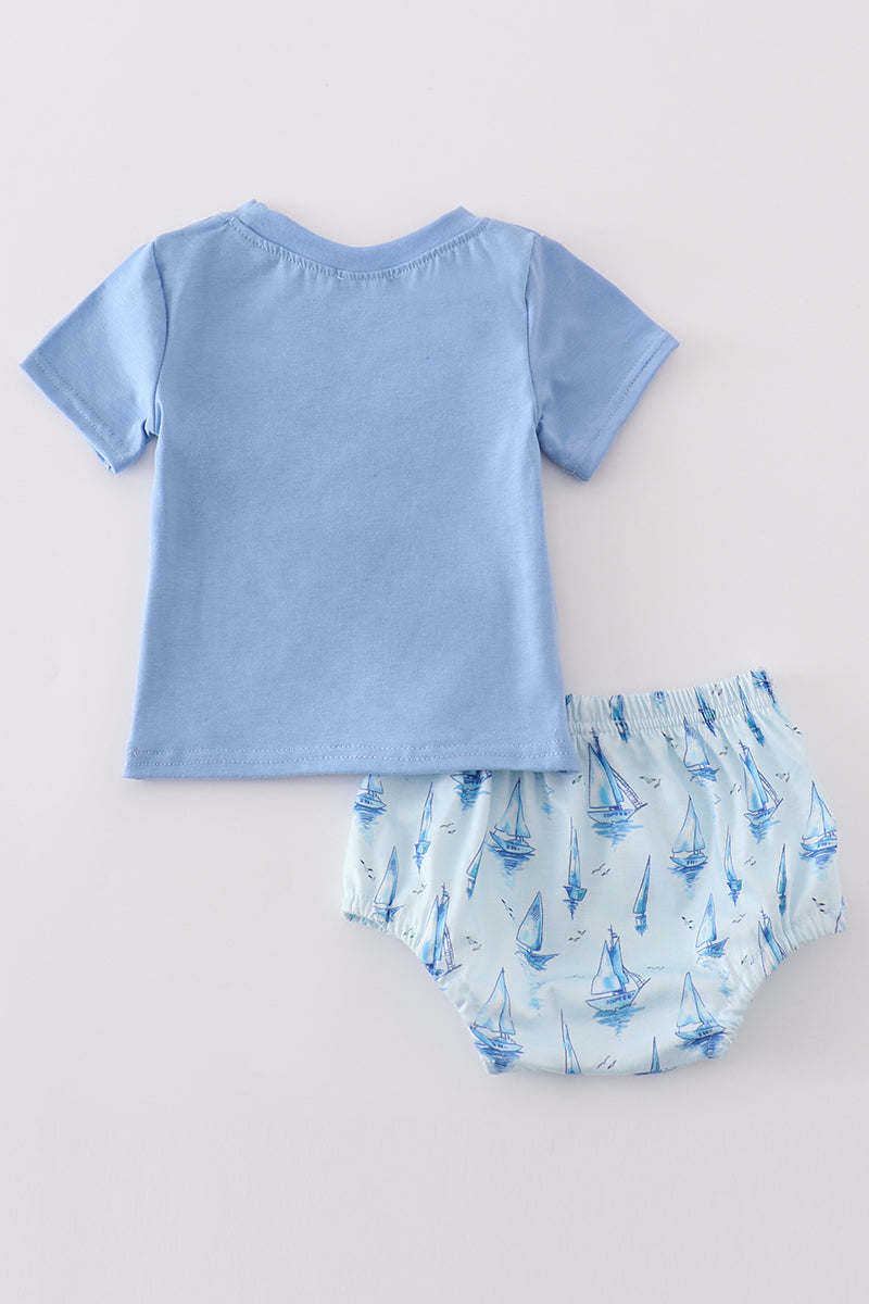 Blue sailboat print boy bloomer set