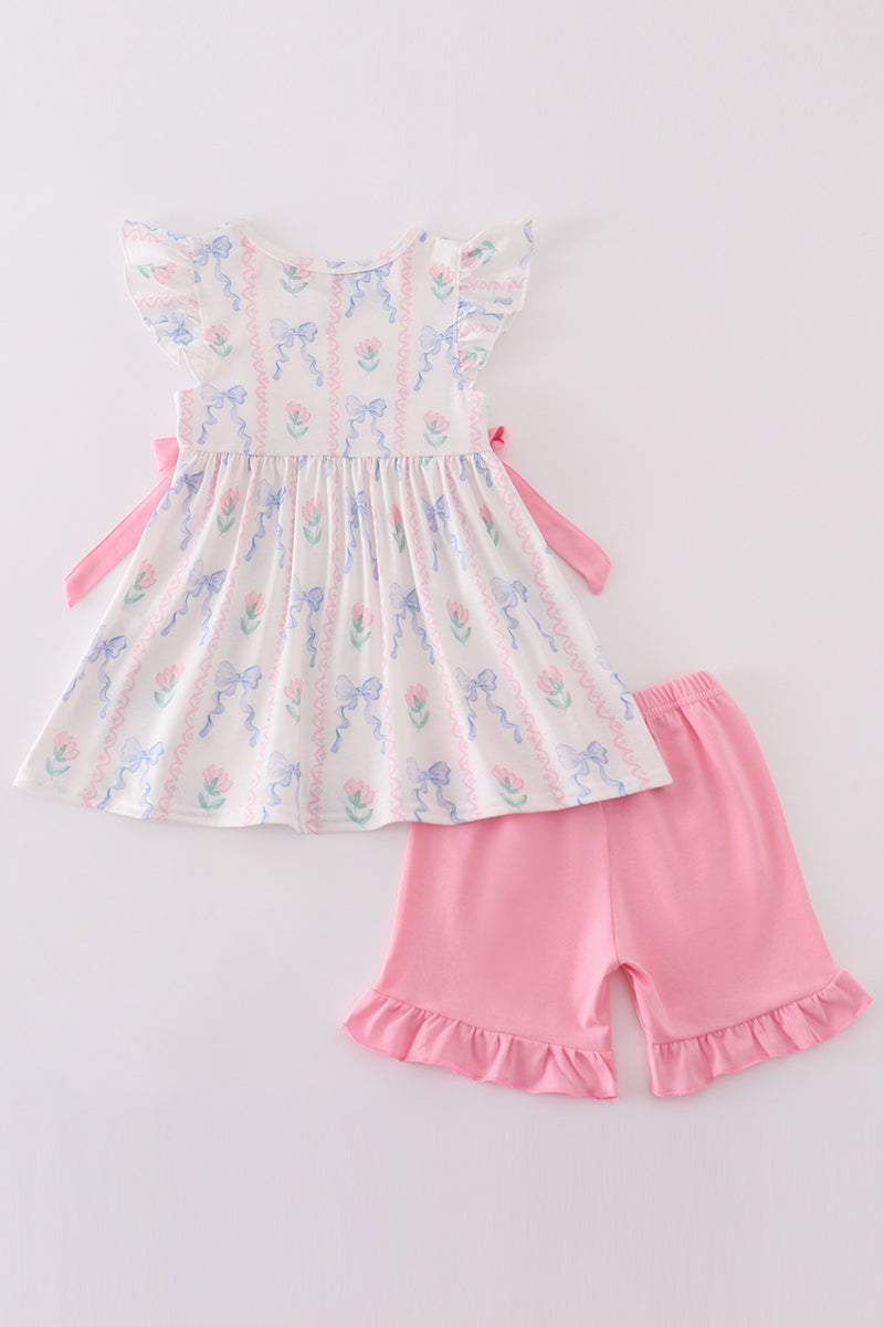 Pink bow I love mommy embroidery girl set