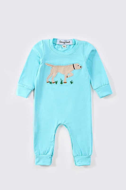 Blue dog applique boy romper