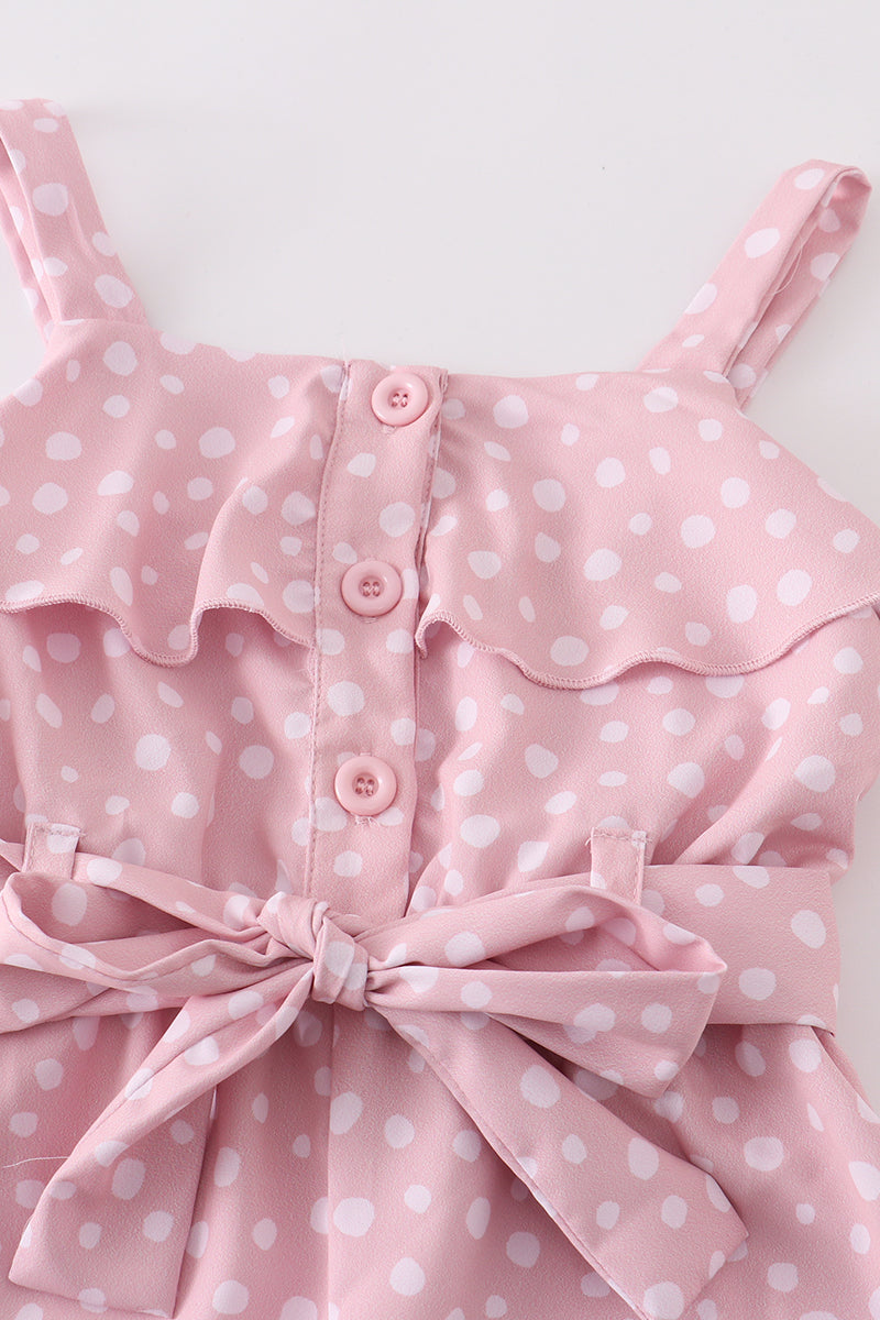 Pink dot print strap ruffle jumpsuit mommy & me